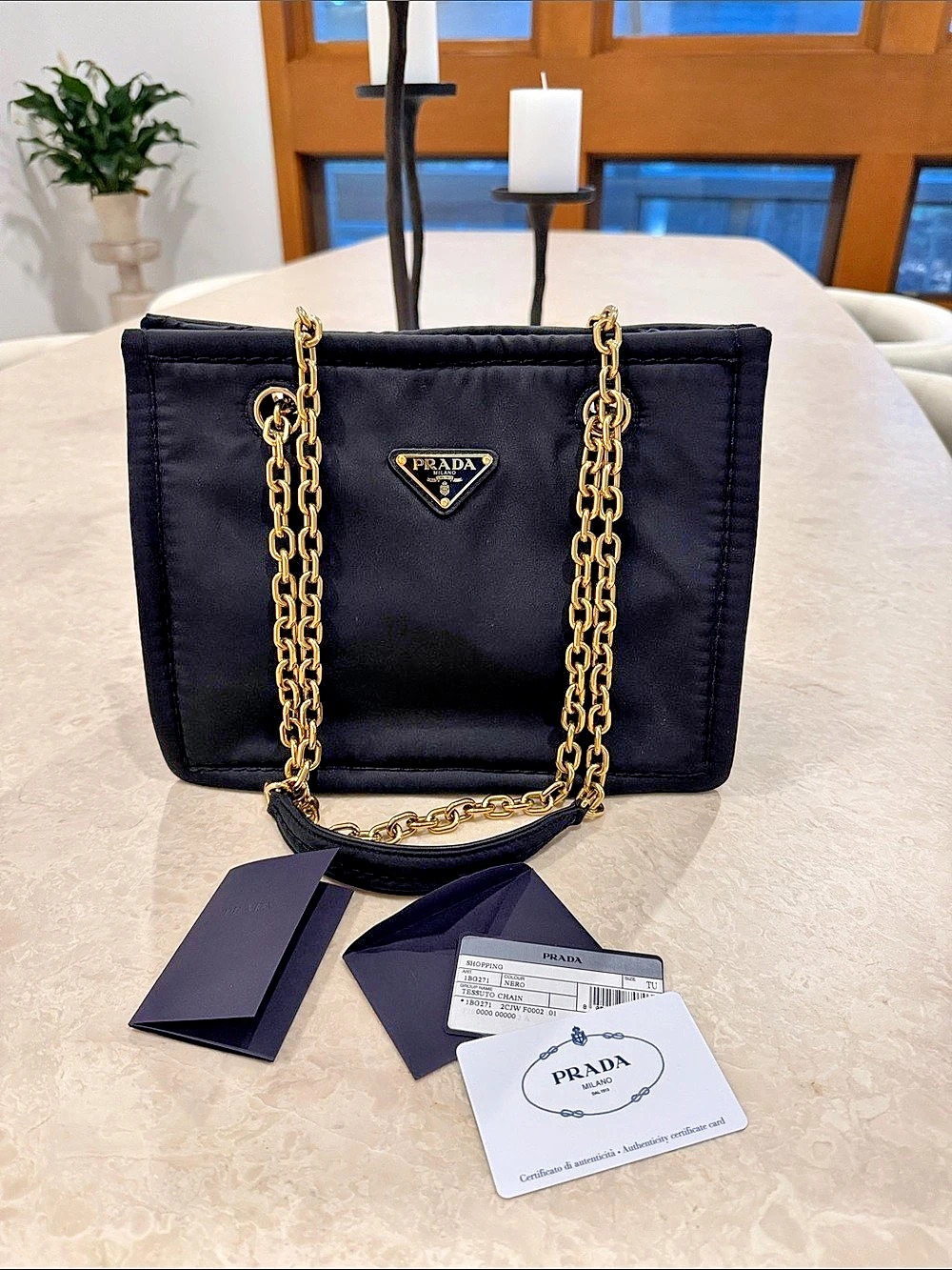 Prada Tessuto Chain Shopping Tote Nero Black Nylon Chain Shoulder Bag NWT